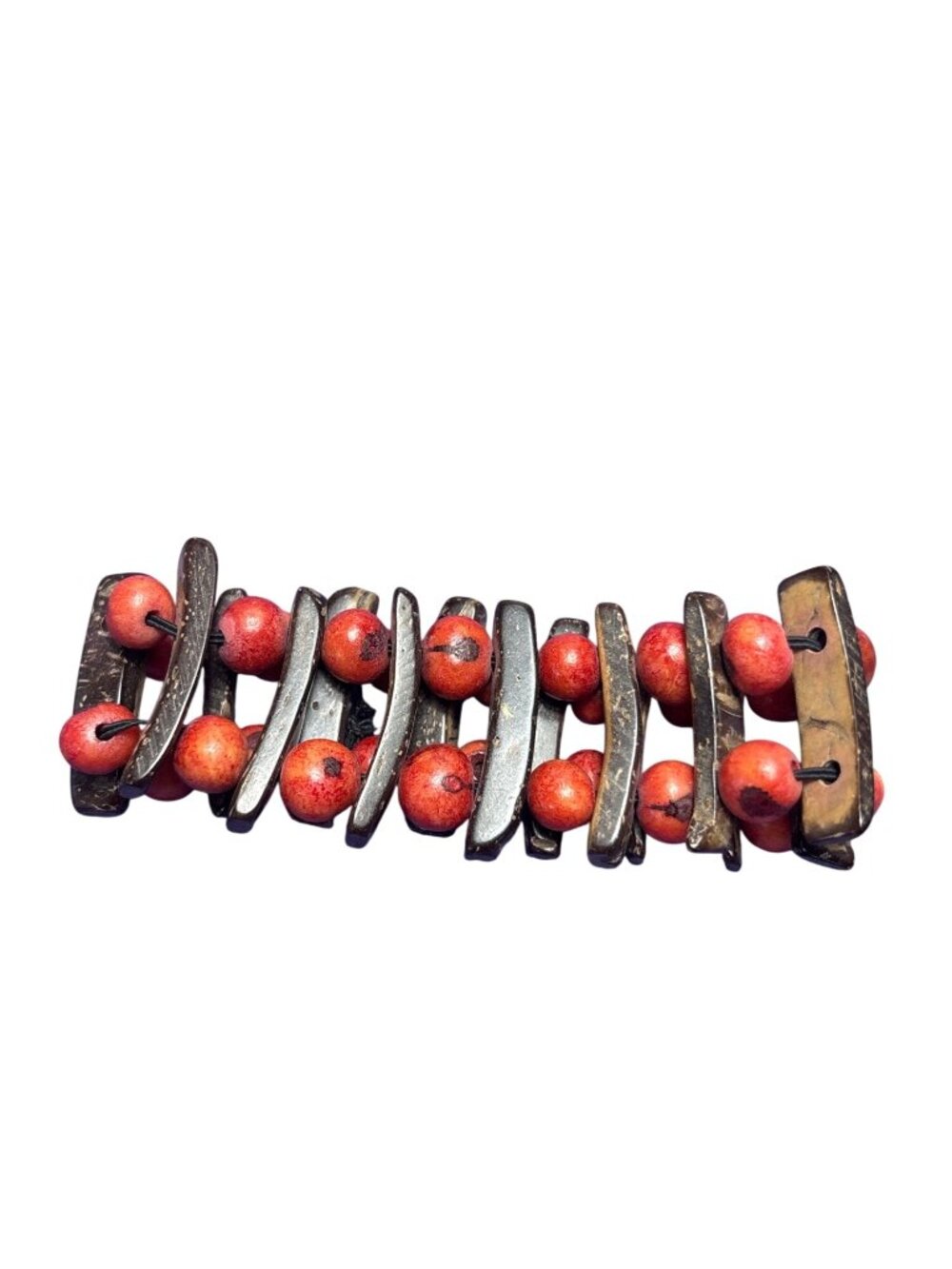 Vtg Coconut Shell and Red Seed Pod Stretchy Bracelet Boho Retro